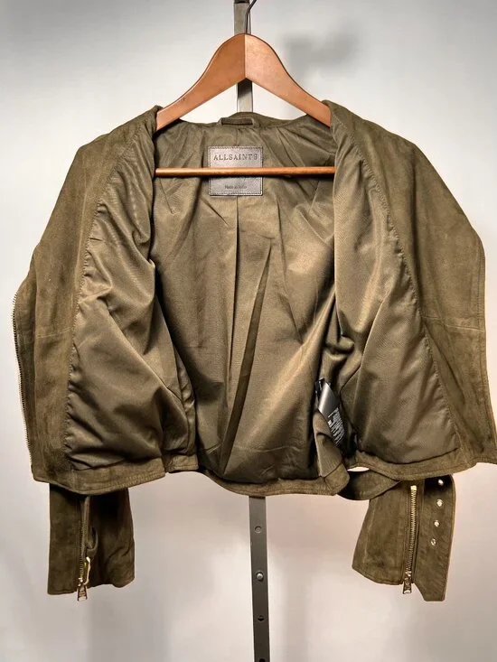 ALL SAINTS Olive Suede Balfern Biker Jacket size 6 - Picture 6 of 8